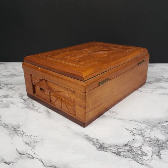 Hand Carved Wood Box Village Scene Vintage - Picture 4 of 13